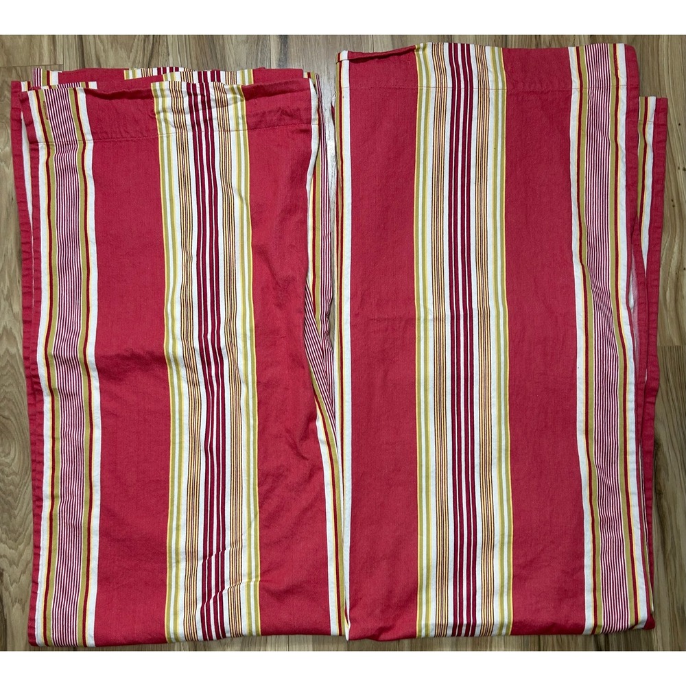 POTTERY BARN Curtains SET/2 Panels French Stripe‎ 72x72 Red Cotton Twill Retired